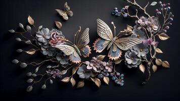 Top View 3D Wallpaper Jewelry Flowers with Silver Branches with Butterflies Incredibly Detailed. AI-Generated, Digital Illustration. photo