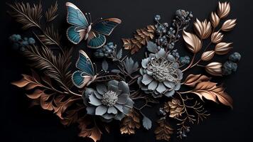 Top View 3D Wallpaper Jewelry Flowers with Silver Branches with Butterflies Incredibly Detailed. AI-Generated, Digital Illustration. photo