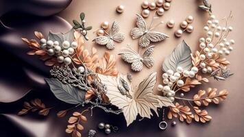 Top View 3D Wallpaper, Pearl Color Jewellery Flowers with Silver Color Branches with Colorful Butterflies Incredibly Detailed. AI-Generated, Digital Illustration. photo