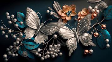 Top View 3D Wallpaper Jewelry Flowers with Silver Branches with Butterflies Incredibly Detailed. AI-Generated, Digital Illustration. photo