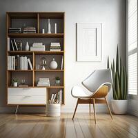 Modern contemporary luxury interior design, a combination of white wall color and wooden bookshelf, and comfortable chair. Digital Illustration. photo