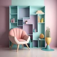 Modern contemporary luxury interior design, a combination of colourful wall color and wooden colourful bookshelf, and comfortable chair. Digital Illustration. photo