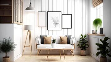 Decorated living room interior with wooden sofa, indoor plants, blank photo frames against white wall. 3d illustration. Digital Illustrations.