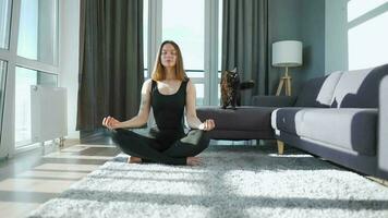 Young caucasian woman in black jumpsuit sitting in lotus position and meditating, yoga at home. Black cat walks around video