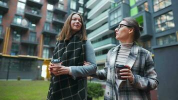 dos contento mujer caminando con para llevar café y hablando con interesar entre sí mismos en el negocio distrito. lento movimiento video