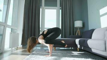 jong Kaukasisch vrouw in zwart jumpsuit aan het doen handstand bakasana Bij huis naar ontwikkelen stroom, flexibiliteit en balans video