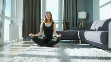 Young caucasian woman in black jumpsuit sitting in lotus position and meditating, yoga at home. Black cat walks around video