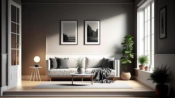 Decorated living room interior with luxurious sofa, indoor plants, coffee table, and natural light, landscape posters or paintings against grey background. Digital Illustrations. photo