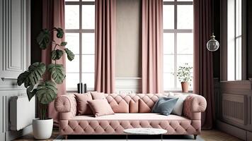 Decorated living room interior with luxurious sofa, indoor plants, coffee table, and natural light coming from giant windows 3d illustration. Digital Illustrations. photo