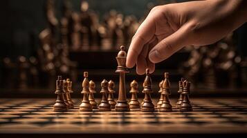 de cerca mano de humano tomando siguiente paso en ajedrez juego. estrategia, administración o liderazgo concepto. generativo ai tecnología. foto
