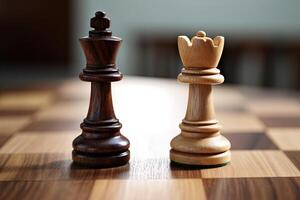King and Queen Pieces Against Each Other on Chessboard, Game Competition Challenge in Progress. Concept of Business and Strategy Ideas. Generative AI. photo