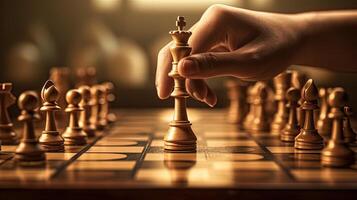 Closeup Hand of Human Taking Next Step on Chess Game. Strategy, Management or Leadership Concept. Technology. photo