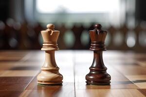 Two Chess Pieces of Queens Next To Each Other on Chessboard, Game Competition Challenge in Progress. Concept of Business and Strategy Ideas. . photo