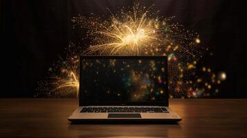 dorado fuegos artificiales, Encendiendo con ordenador portátil para diwali o festival celebracion prefecto diseño generativo ai tecnología. foto