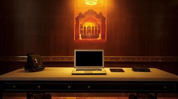 A Laptop with Bag on Table in Front of Temple with Golden Lighting at Dark wooden Background. . photo