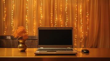 un ordenador portátil conectado ratón con flor maceta en mesa parte superior a dorado Encendiendo decorado habitación para diwali o Boda celebracion prefecto diseño generativo ai tecnología. foto