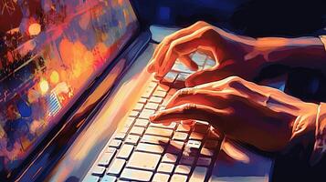 Hands Typing on Keyboard of Laptop or Notebook Computer in Abstract Painting Style, Technology. photo