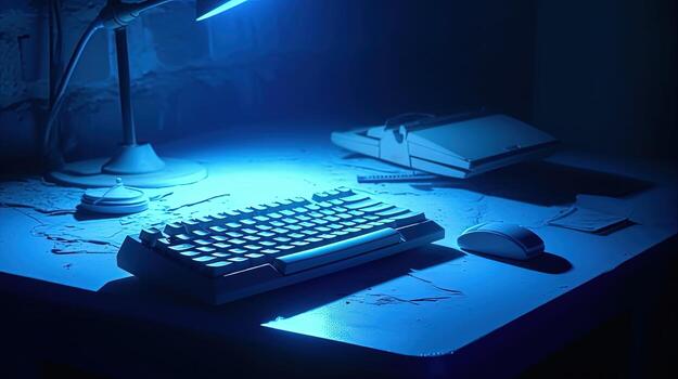 Futuristic Digital Technology with Illuminate Table Lamp, Keyboard, Papers, Printer at Abandoned Workplace. photo