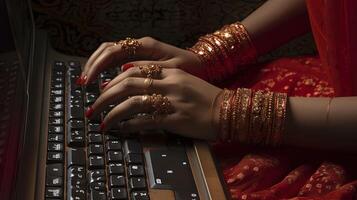 Indian Female Hands Typing on Keyboard Surfing Internet and Sending Message to Friends via Social Network. Technology and Communication Concept. . photo