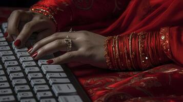 Indian Female Hands Typing on Keyboard Surfing Internet and Sending Message to Friends via Social Network. Technology and Communication Concept. . photo