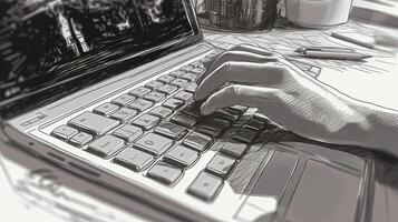 manos mecanografía en teclado de ordenador portátil o cuaderno computadora en garabatear Escribiendo estilo, generativo ai tecnología. foto