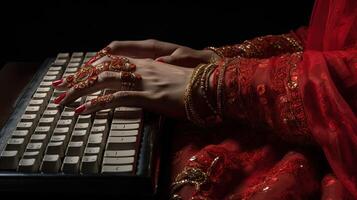 Indian Female Hands Typing on Keyboard Surfing Internet and Sending Message to Friends via Social Network. Technology and Communication Concept. . photo