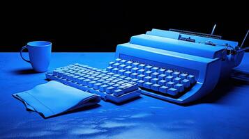 retro espacio de trabajo con máquina de escribir, documentos y té o café jarra en brillante azul mesa cima. generativo ai. foto