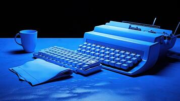 Retro Workspace with Typewriter, Papers and Tea or Coffee Mug on Shiny Blue Table Top. Generative AI. photo