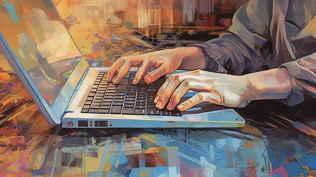 Hands Typing on Keyboard of Laptop or Notebook Computer in Abstract Painting Style, Technology. photo