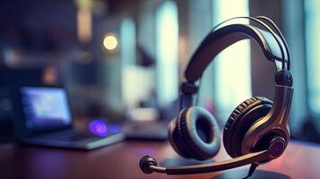 Close-up Shot of Customer Service Headset on Desk, Call Center Support Concept. Technology. photo