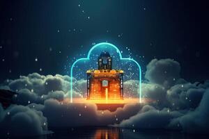 Luminous Heaven Arch Door in Clouds for Magic or Imagine Concept. Technology. photo