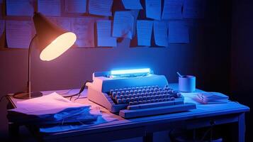 A Glowing Typewriter with Papers and Burning Table Lamp at Dark Room Background. Technology. photo