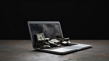 Currency Stack on Keyboard of Laptop Over Dark Background, Created By Technology. photo