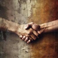 Close Shot of Casually or Friendly Two Person Shaking Hands against Rustic Wall. Generative AI. photo