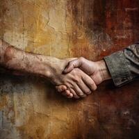 Close Shot of Casually or Friendly Two Person Shaking Hands against Rustic Wall. . photo