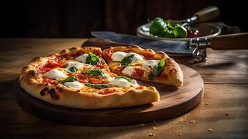 Delicious Baked Margherita Pizza on Wooden Cutting Board, Food Photography. . photo