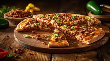 Photography of Delicious Roasted Chicken Pizza on Wooden Cutting Board for Fast Food Ready To Eat Concept. Template or Banner for Restaurant. . photo