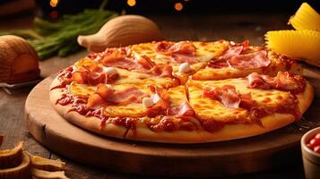 Presenting A Hawaiian Pizza with Pineapple and Bael Fruit on Rustic Wooden Table, Closeup. . photo