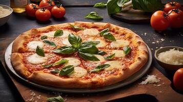 Close up Cravings Margherita with Basil, Tomatoes and Botle on Rustic Wooden Table. . photo