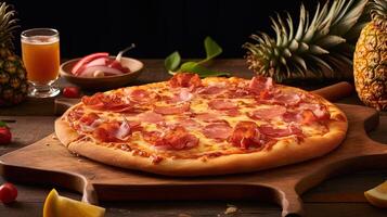 presentación un hawaiano Pizza con piña, Tomates y jugo vaso en rústico de madera mesa, de cerca vista. generativo foto