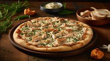 Craving Chicken Alfredo Pizza on Rustic Wooden Table Top. . photo