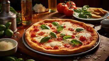 Close up Cravings Margherita Thin Chewy Crust, Tomato with Drink and Salad on Rustic Wooden Table. . photo