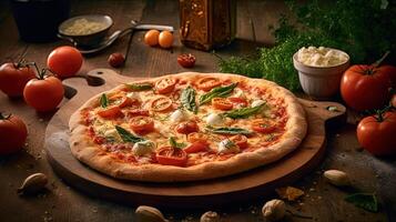 A Gourmet Greek Pizza Topped with Fresh Ingredients Tomato, Cheese on Rustic Wooden Background. photo