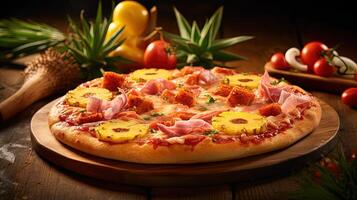presentación un hawaiano Pizza con piña, Tomates en rústico de madera mesa, de cerca. generativo ai. foto