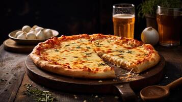 Hot Craving Cheese Pizza with Garlic Bowl and Drink Glass on Rustic Wooden Table Top. . photo