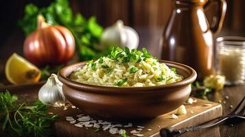 Appetizing Risotto Dish Bowl with Ingredients on Shiny Wooden Table. Closeup Shots Technology. photo