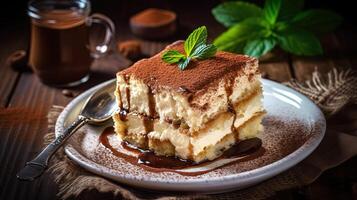 Coffee and Basil Topping Tiramisu Italian Dessert Plate on Burlap Table Top. . photo