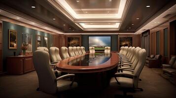 Modern Board Room with a Large Conference Table Surrounded by Comfortable Chairs, Brown Walls Adorned with Beautiful Scenery. Created by Technology. photo