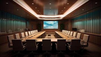 Modern Board Room with a Large Conference Table Surrounded by Comfortable Chairs, Beautiful Snowy Mountain Scenery on Wall. Created by Technology. photo