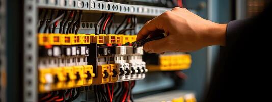 Close-up Hand of An Electrical Engineer Checking in Control Panel or Automation Box, Concept of Electricity Maintenance Service. Created By Technology. photo